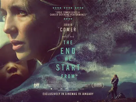 Environmental film poster 'The End We STart From' Shows a mother holding a young infant in a sparse landscpae