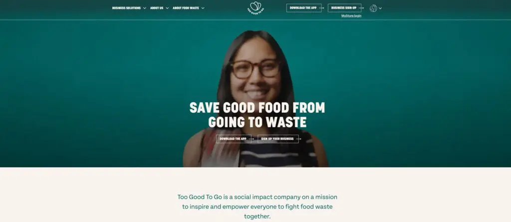 Screenshot of Too Good To Go's core messaging on their website.