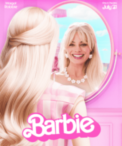 Film poster for "Barbie" staring Margot Robbie shows a blonde female looking into a mirror surrounded by pink hues.  