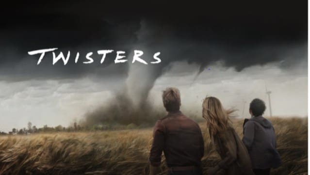 Climate change cinema: Movie Poster for the 2024 film Twisters. Scene shows 3 individuals looking at a twsiter at afar.