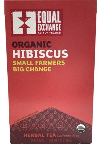 Equal Exchange Organic Hibiscus Tea product image. Red packet that says 'small farmers big change' in yellow writing. 