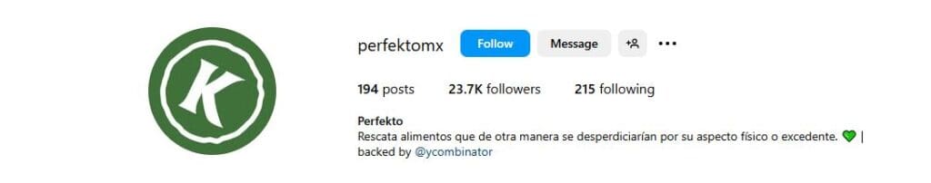 Screenshot of Perfekto's Instagram bio.